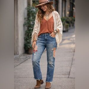 Johnny Was Embroidered Patchwork Jeans, Bohemian, Straight Leg, Mid-Rise, 32